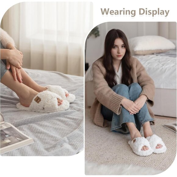 ⚡Women's White Fuzzy Open Toe Slipper Soft Comfy Memory Foam House Shoes - Picture 2 of 6